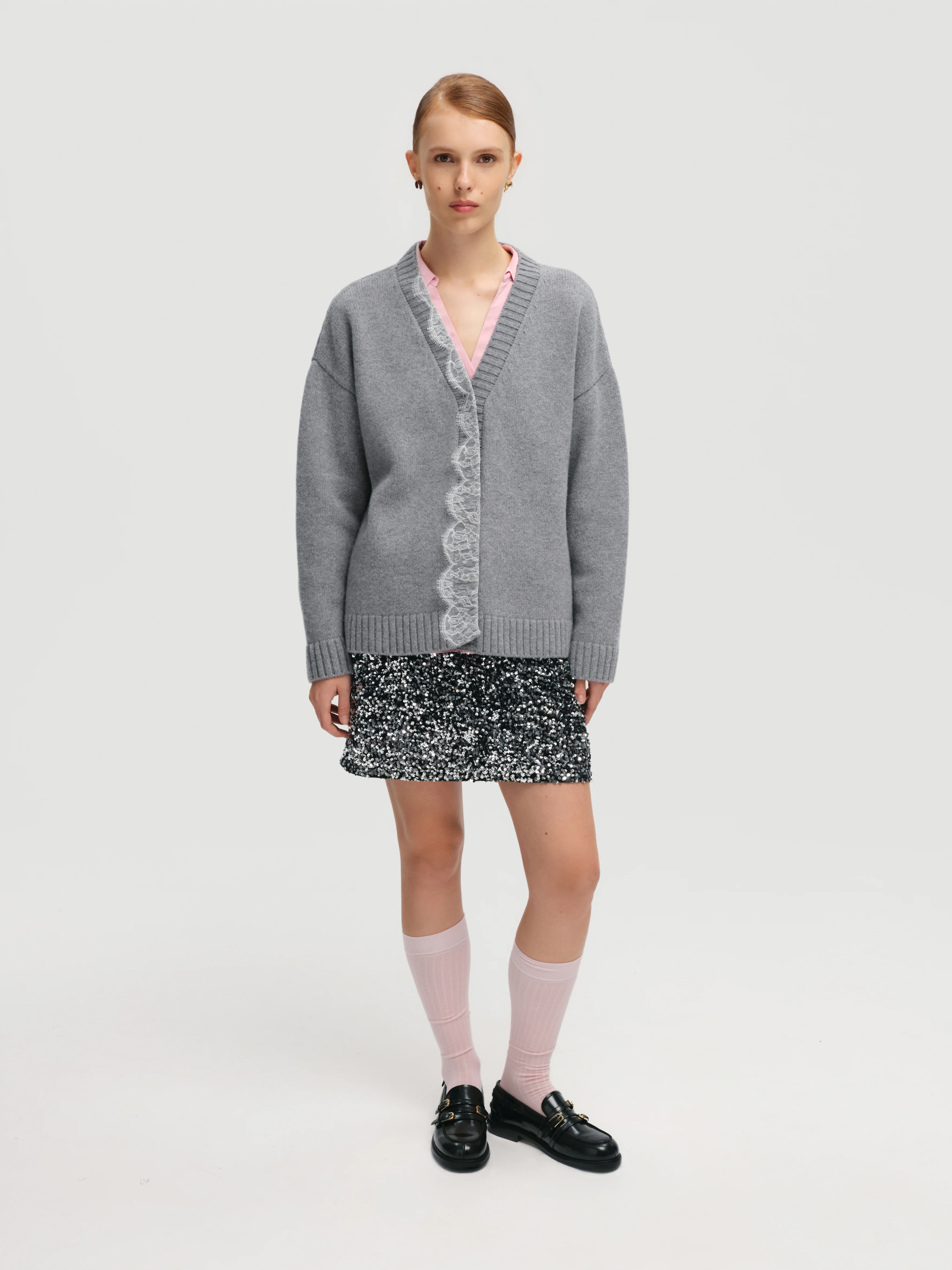 Lace-trimmed Cardigan in Grey - Image 2