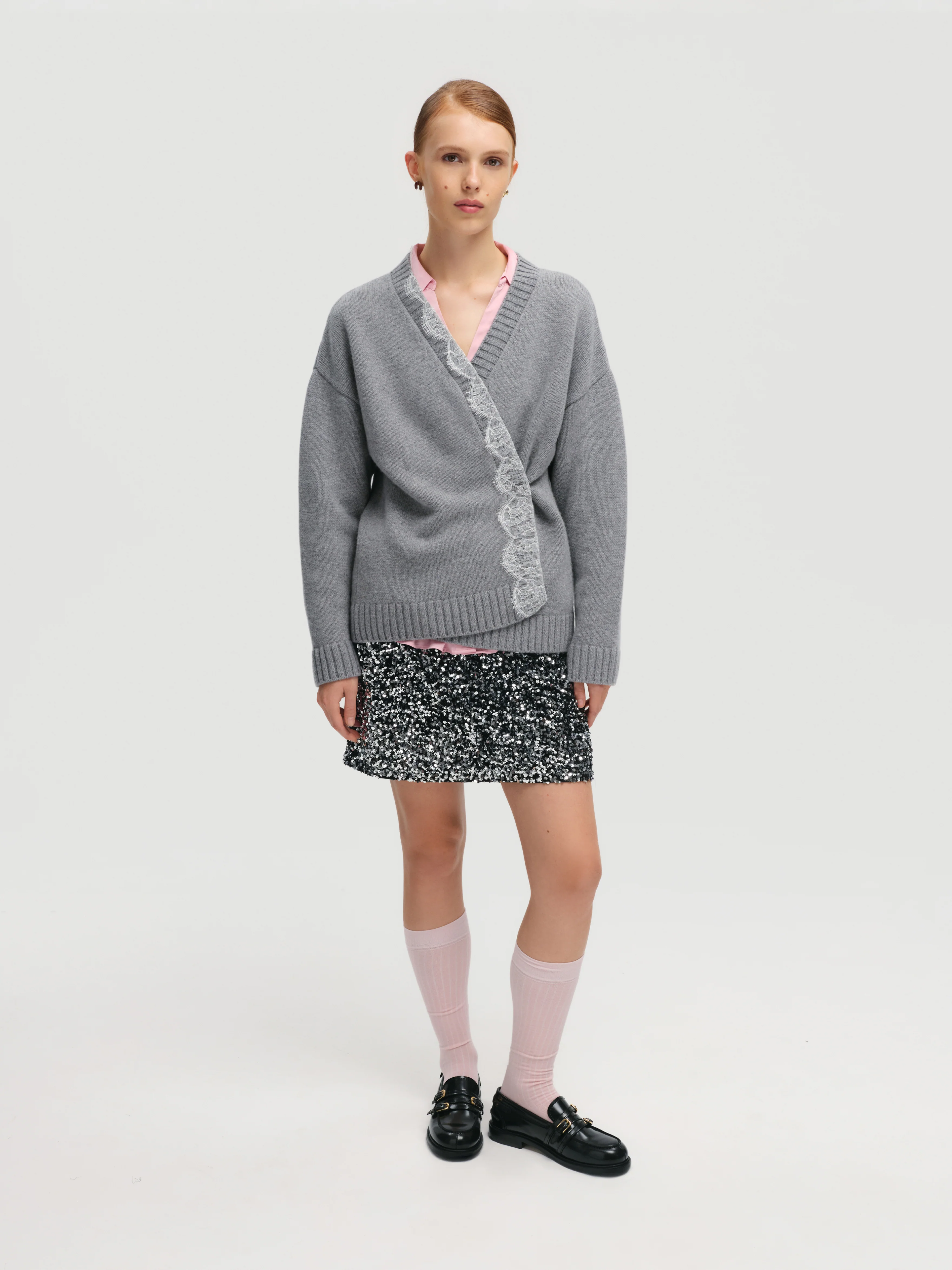 Lace-trimmed Cardigan in Grey - Image 4