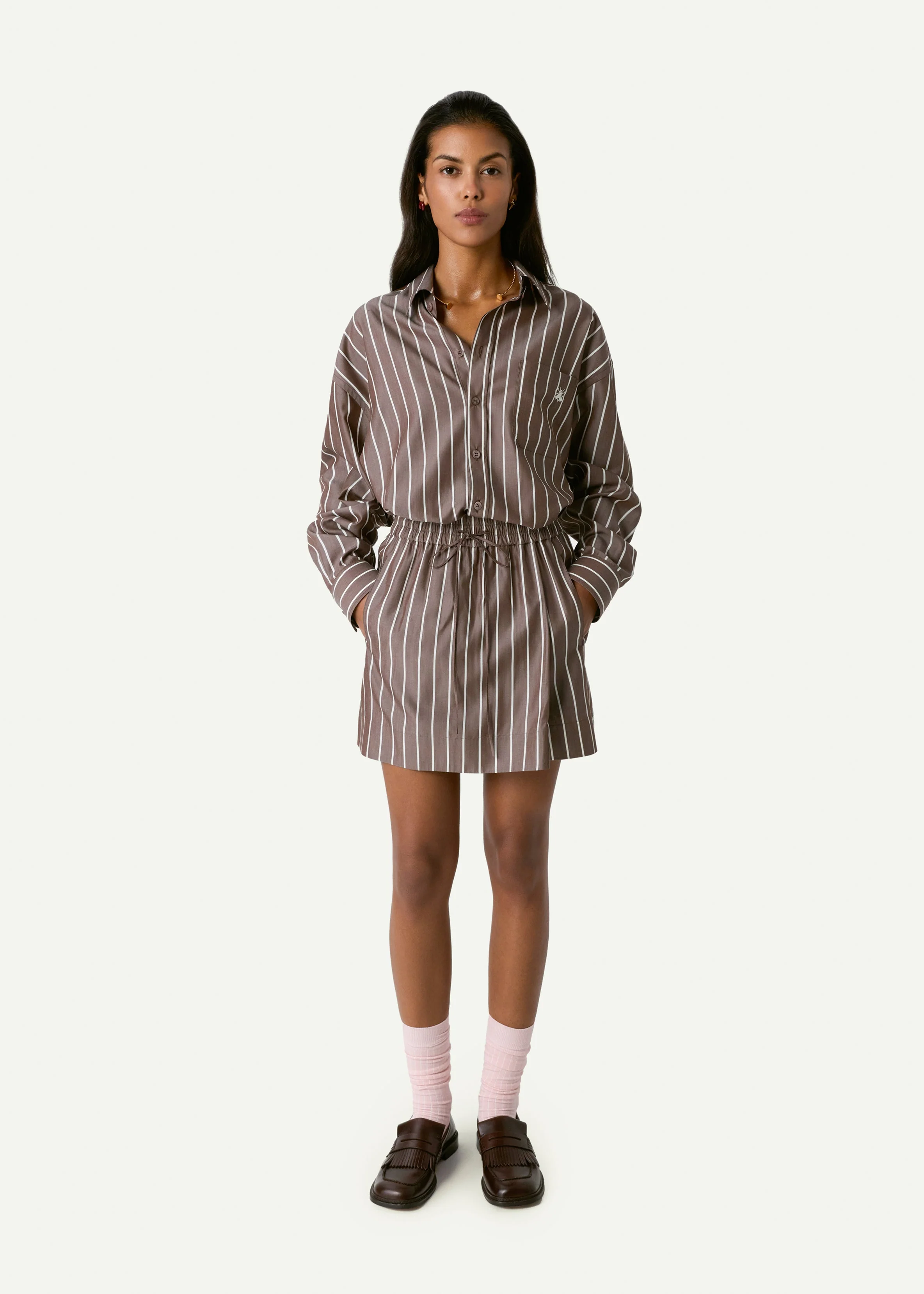 Skirt-Like Brown Striped Shorts - Image 2
