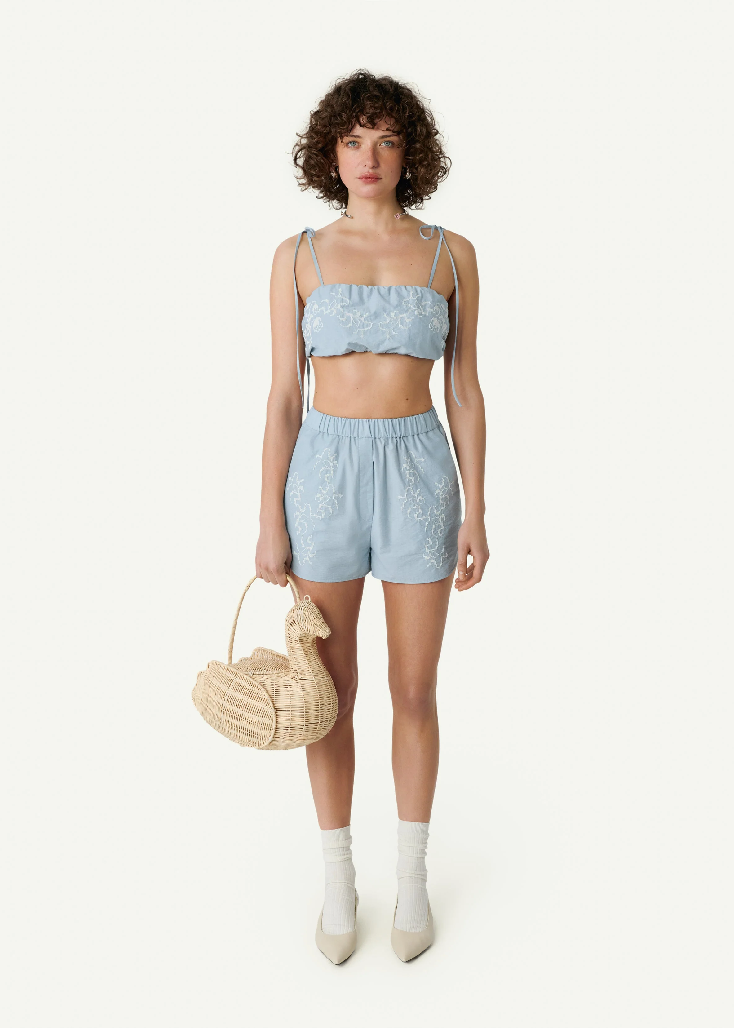 Embroidered Tie-Strap Bra in blue - Image 2